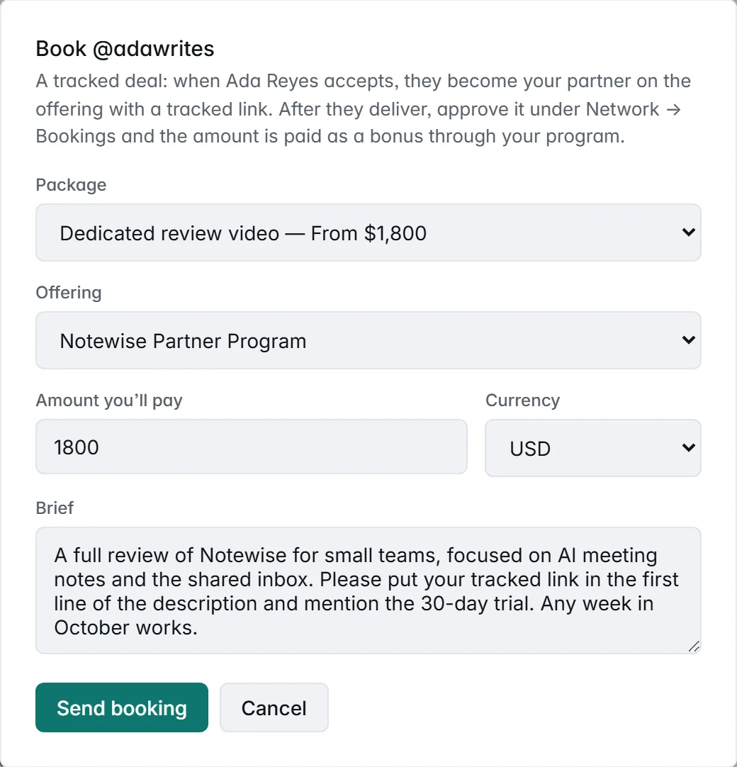 The Book @adawrites dialog: Package set to Dedicated review video, From $1,800; Offering set to Notewise Partner Program; Amount you'll pay 1800 in USD; and a brief asking for a review focused on AI meeting notes, with the tracked link in the first line of the description
