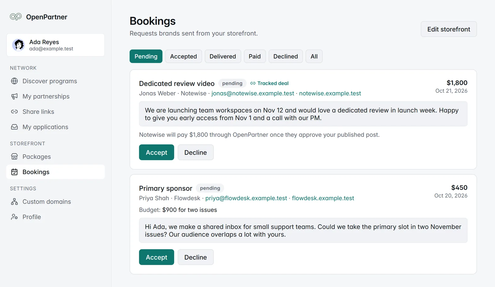Ada's Bookings inbox with two pending requests: a Dedicated review video for $1,800 from Notewise marked Tracked deal, with the note that Notewise will pay through OpenPartner once they approve the published post, and a Primary sponsor request for $450 from Flowdesk
