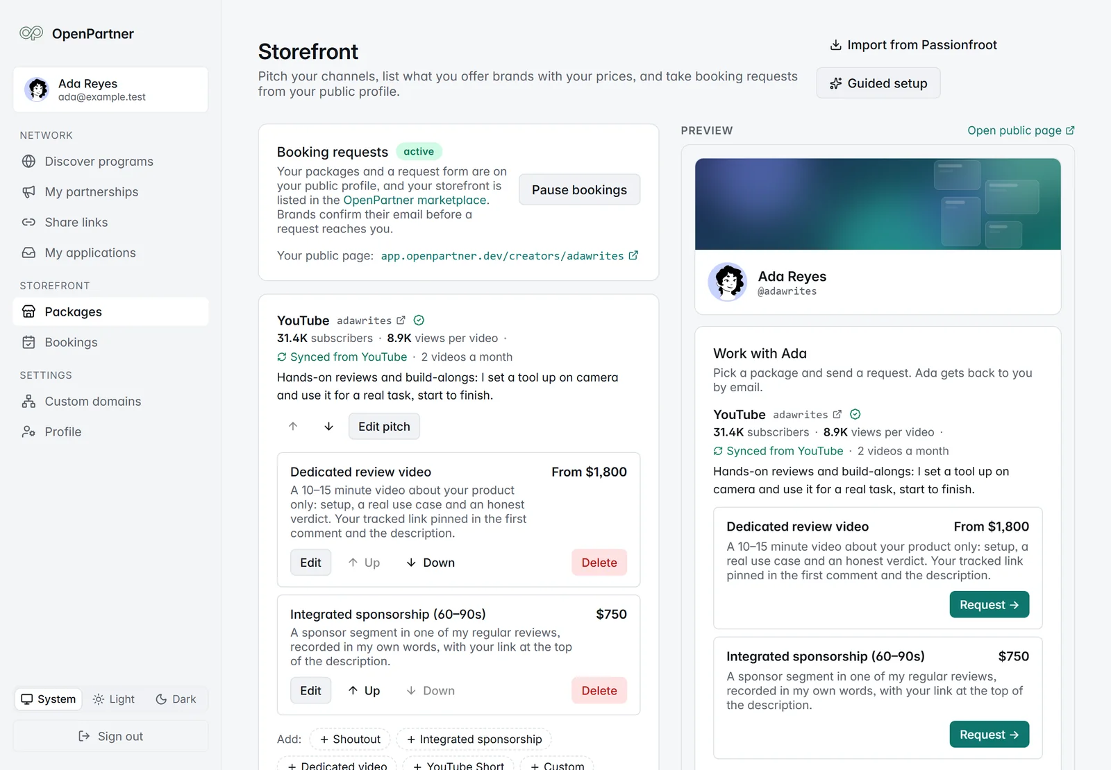 The storefront editor: a Booking requests card marked active with a Pause bookings button, the YouTube channel with its pitch and two packages with Edit, Up, Down and Delete controls, template buttons for Shoutout, Integrated sponsorship, Dedicated video and YouTube Short, and a live preview of the public page on the right