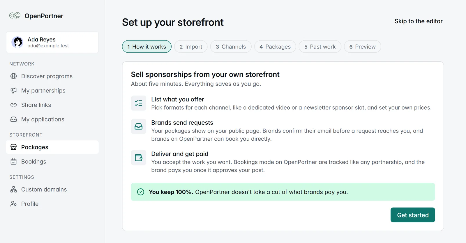 The first step of Guided setup, titled Sell sponsorships from your own storefront, with three points: list what you offer, brands send requests, deliver and get paid, and a banner saying you keep 100 percent