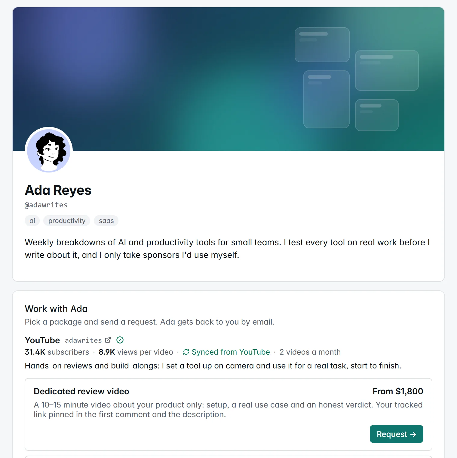 Ada Reyes's public storefront: a cover banner, her photo, name, handle, categories and bio, then the Work with Ada section starting with her YouTube channel and a Dedicated review video package from $1,800