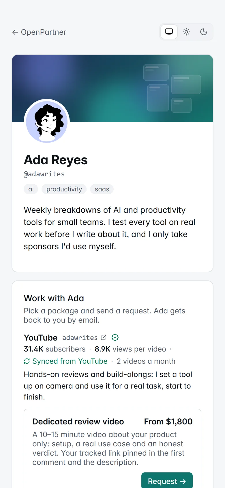 Ada's storefront on a phone: the cover, photo and bio stacked above the YouTube channel and its first package