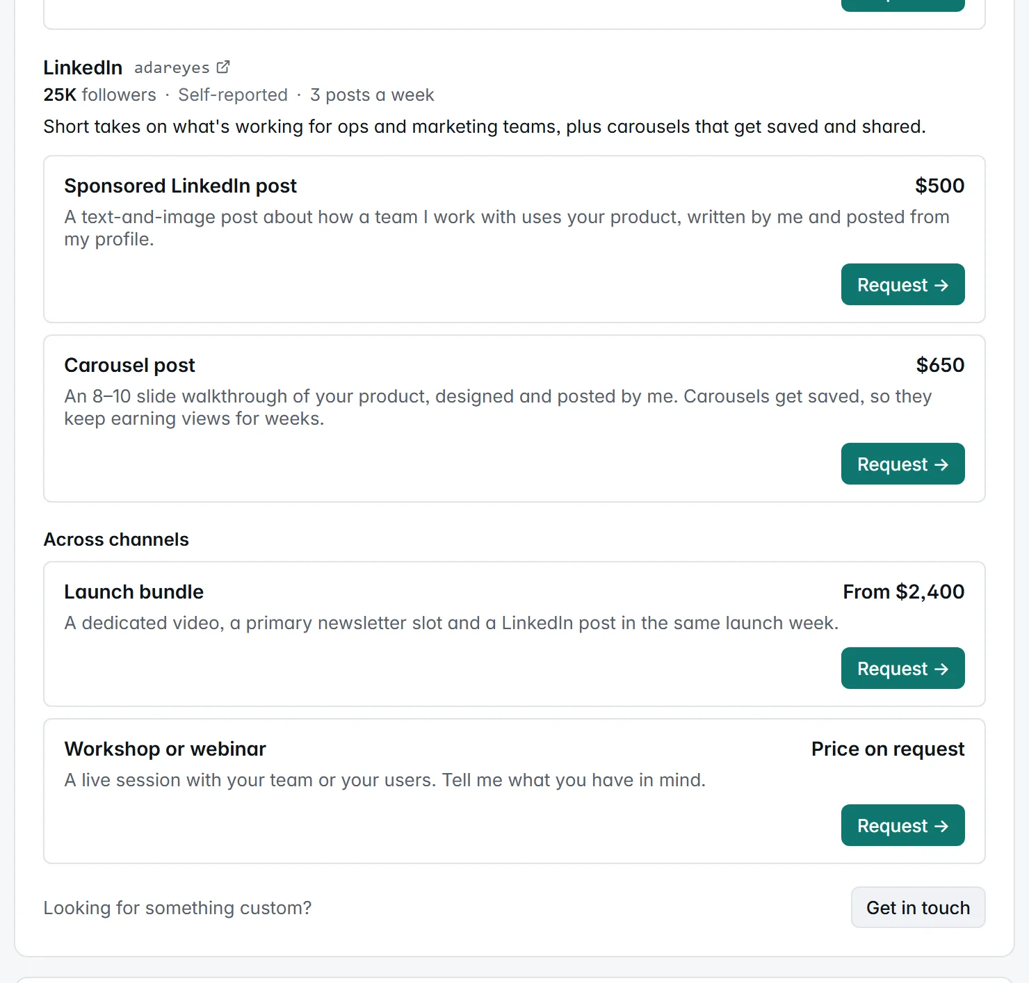The LinkedIn channel on Ada's storefront with two packages, Sponsored LinkedIn post at $500 and Carousel post at $650, then an Across channels section with Launch bundle from $2,400 and Workshop or webinar at Price on request, and a Get in touch button for custom requests