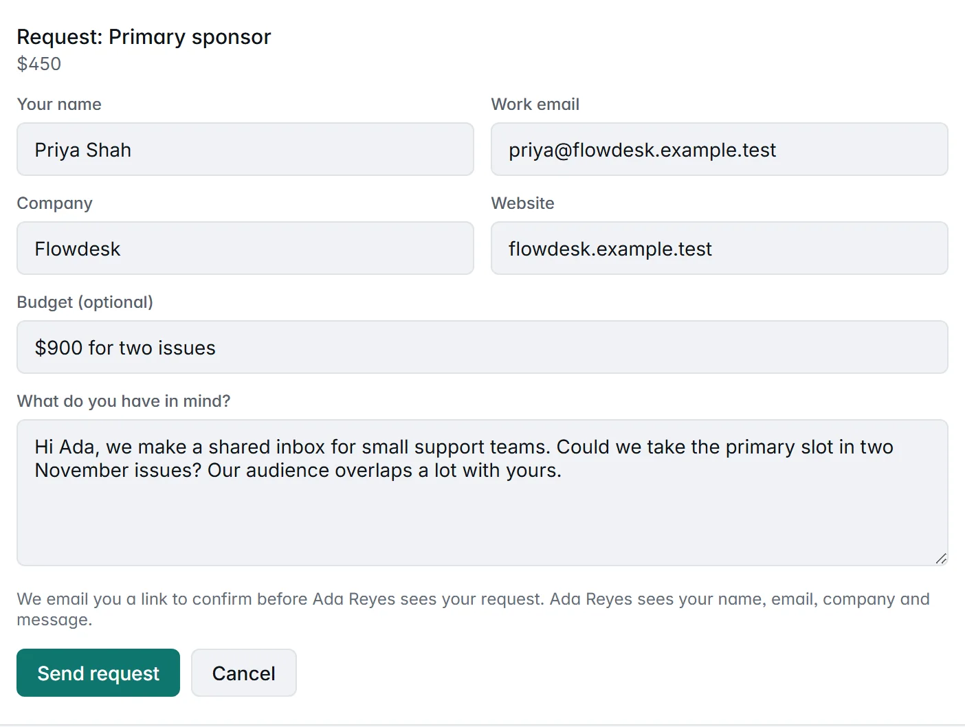 The request form for Ada's Primary sponsor package at $450, filled in by Priya Shah from Flowdesk with a budget of $900 for two issues and a short message