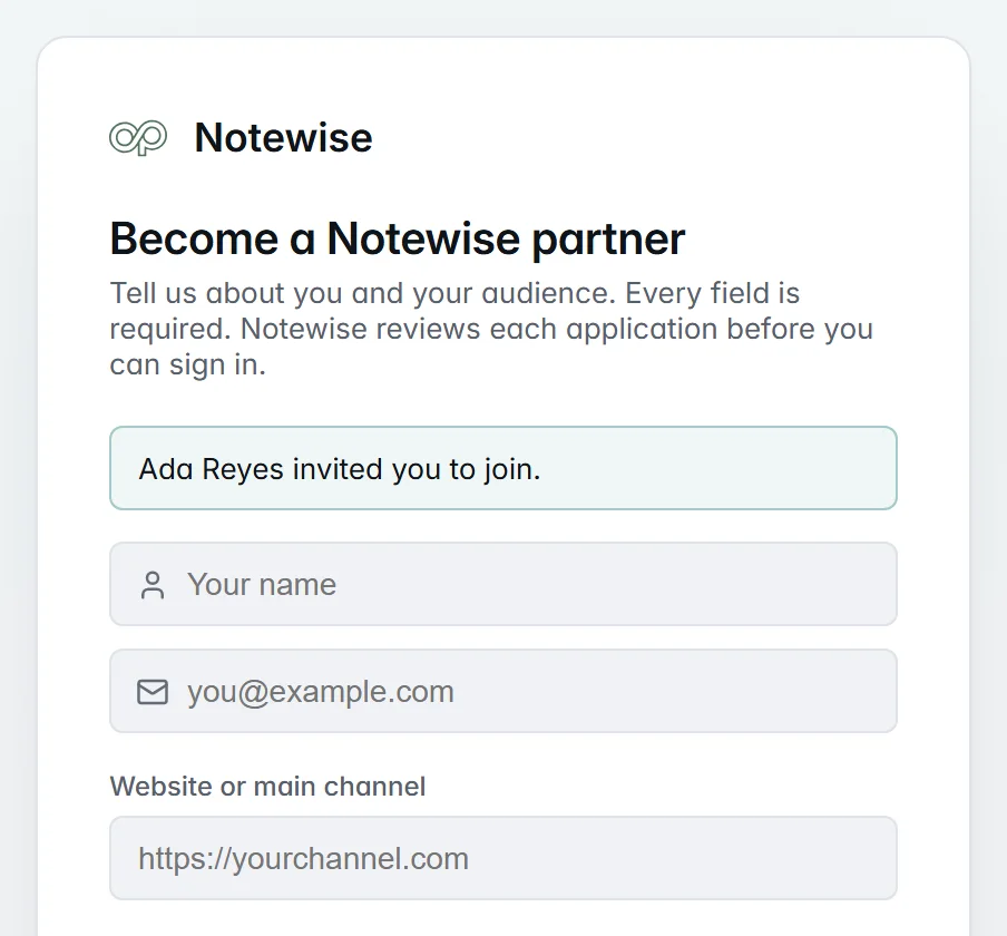 The Notewise partner join page opened from Ada's recruit link, with a banner reading Ada Reyes invited you to join above the application form, and a note that Notewise reviews each application before the applicant can sign in