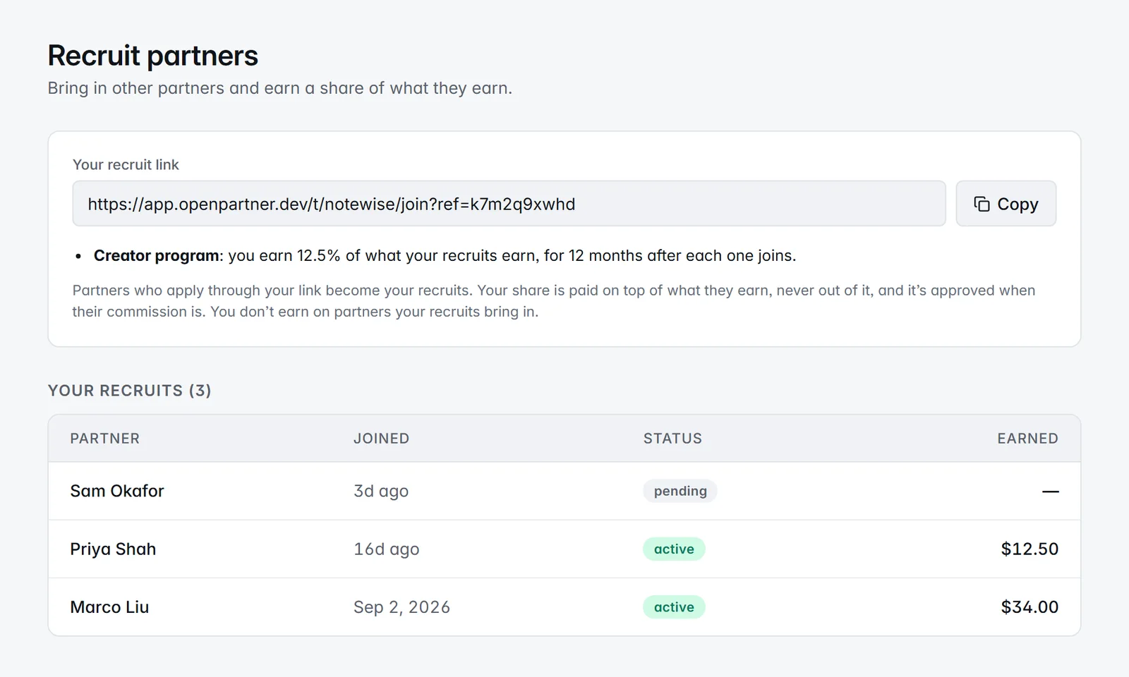 Ada's Recruit partners page: her recruit link with a Copy button, a line saying the Creator program pays 12.5 percent of what her recruits earn for 12 months after each one joins, and a table of three recruits with their join date, status and what each has earned her: Sam Okafor pending, Priya Shah $12.50 and Marco Liu $34.00